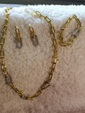 Fashion JeweTiffany Designs Gold and Silver Link Necklace with Matching Earrings